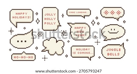 Christmas Pixel Art Speech Bubble Message Set. Retro pixelated computer 8 bit chat box with text. Ho ho ho, new year, xmas greeting quotes pop up. Vector illustration 
