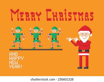 Christmas Pixel Art Style Illustration With Dancing Elves And Santa Claus
