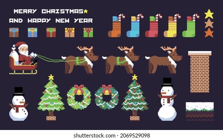 Christmas pixel art vector illustration of Santa Claus, reindeer, Christmas tree, snowman, gift box, Christmas socks, chimney, Christmas wreath