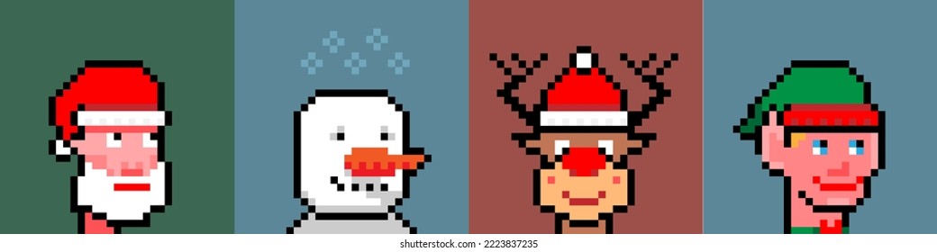 Christmas pixel characters Santa Claus, elf, reindeer, snowman. Horizontal banner NFT collection, vector illustration