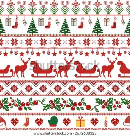 Christmas pixel cross-stitch pattern with reindeer, sleigh, gift, tree, stocking, ornament, holly, and snowflake elements in red green white tones