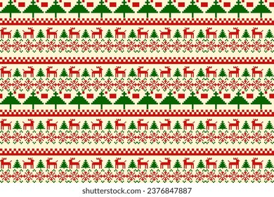Christmas pixel fabric pattern, red, green, cream, abstract geometric shapes for textile printing, gift wrapping, gift wrapping paper.