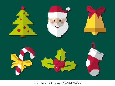 Christmas Pixel Icon Set. Collection of happy new year attributes. Merry christmas greeting card design. Isolated vector illustration