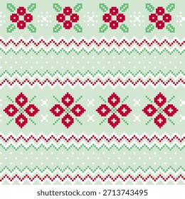 Christmas Pixel Knit Pattern With Floral Nordic Ornament Seamless Vector Illustration
