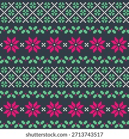 Patrón De Punto De Píxeles De Navidades Con Adorno Floral Y Motivos Geométricos Ilustración vectorial