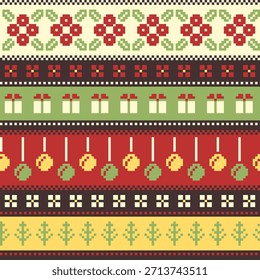 Navidades Patrón De Punto De Píxel Con Adornos De Regalos Y Motivos Florales Ilustración vectorial