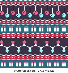 Christmas Pixel Knit Pattern With Hanging Ornaments And Gift Boxes Vector Illustration