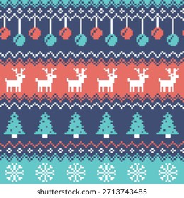Navidades Patrón De Suéter De Punto De Píxel Con Árboles De Renos Y Copos De Nieve Ilustración vectorial De Fondo