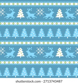Weihnachtspixel Strickpullover Muster mit Rentier und Schneeflocken Hintergrund Vektorgrafik
