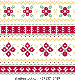 Patrón de suéter de punto de píxeles de Navidades con Ilustración vectorial de fondo de adorno floral de Folk