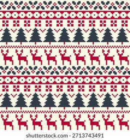 Navidades Patrón De Suéter De Punto De Píxel Con Ilustración vectorial De Fondo De Renos Y Abetos