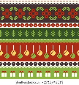 Navidades Pixel Knit Suéter Patrón Con Adornos Y Presenta Ilustración vectorial De Fondo