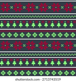 Navidades Patrón De Suéter De Punto De Píxel Con Ilustración vectorial De Fondo De Poinsettia Y Abetos