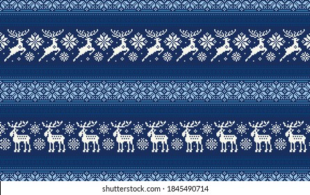 Christmas Pixel Pattern with Deers and Elks. Traditional Nordic Seamless Striped Ornament. Scheme for Knitted Sweater Pattern Design or Cross Stitch Embroidery