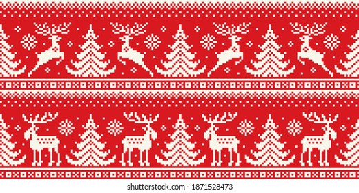 Christmas Pixel Pattern with Deers and Elks in the Winter Forest. Traditional Nordic Seamless Striped Ornament. Scheme for Knitted Sweater Pattern Design