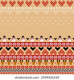 Christmas pixel pattern design. Seamless. Snowman and reindeer for decorate, clothes, card, fashion, cerebrate and paper work. In cream colour theme.