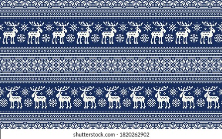 Christmas Pixel Pattern Elks. Traditional Nordic Seamless Striped Ornament. Scheme for Knitted Sweater Pattern Design or Cross Stitch Embroidery