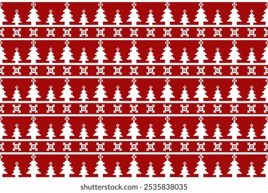 Christmas Pixel Pattern - Red and White Snowflakes and Christmas Trees Seamless Design for Winter Sweaters, Hats, Wrapping, and Fabric.