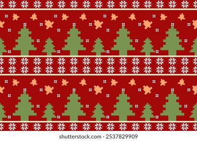 Christmas Pixel Pattern - Red and White Snowflakes, Bells and Christmas Trees Seamless Design for Winter Sweaters, Hats, Wrapping, Jumper and Fabric.