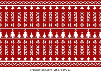 Christmas Pixel Pattern - Red and White Snowflakes, Bells and Christmas Trees Seamless Design for Winter Sweaters, Hats, Wrapping, Jumper and Fabric.