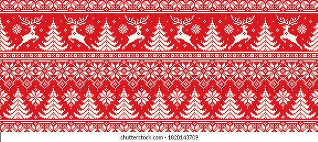 Christmas Pixel Pattern with Reindeers. Traditional Nordic Seamless Striped Ornament. Scheme for Knitted Sweater Pattern Design or Cross Stitch Embroidery