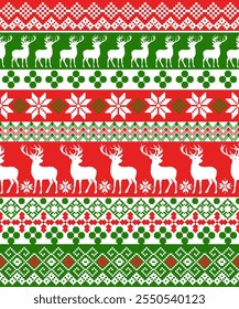 Christmas Pixel Pattern with Reindeers. Traditional pixel ethnic pattern. Knitted Christmas Sweater Pattern Design or Cross Stitch Embroidery. Vector seamless background 