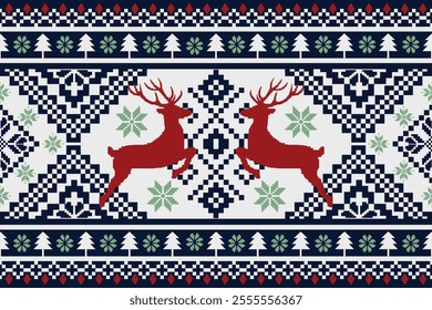 Christmas Pixel Pattern with Reindeers. Traditional pixel ethnic pattern. Knitted Christmas Sweater Pattern Design or Cross Stitch Embroidery. Vector seamless background