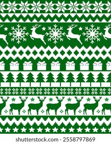 Christmas Pixel Pattern with Reindeers. Traditional pixel ethnic pattern. Knitted Christmas Sweater Pattern Design or Cross Stitch Embroidery. Vector seamless background