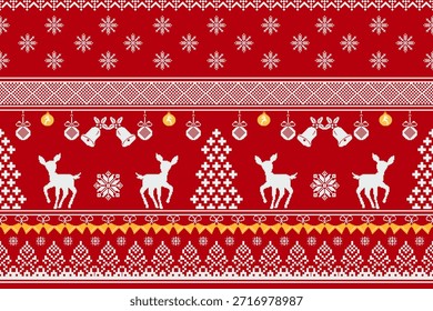Padrão de Pixel de Natal com Renas. Ornamento Listrado Sem Costura Nórdico Tradicional. Esquema para Projeto de Padrão de Camisola de Malha ou Bordado de Ponto Cruzado.