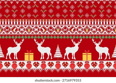 Christmas Pixel Pattern with Reindeers. Traditional Nordic Seamless Striped Ornament. Scheme for Knitted Sweater Pattern Design or Cross Stitch Embroidery.