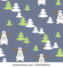 Weihnachtspixelmuster mit Schneemännern und Tannenbäumen