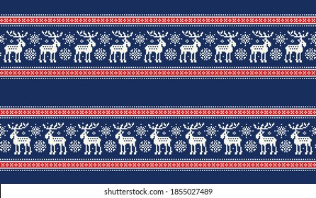 Christmas Pixel Pattern. Traditional Nordic Seamless Striped Ornament  with Elks. Scheme for Knitted Sweater Pattern Design. Winter Holiday Seamless Background for the Greeting Text or Logo