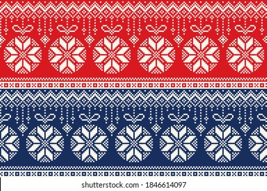 Christmas Pixel Pattern with Christmas Tree Balls. Traditional Nordic Seamless Striped Ornament. Scheme for Winter Holiday Knitted Sweater Pattern Design