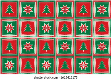 Christmas Pixel Pattern with Christmas Trees and Stars Ornament. Ugly Sweater Party Pattern Design. Scheme for Patchwork Quilt or Knitted Sweater Pattern Design 