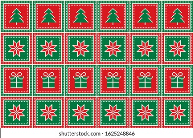 Christmas Pixel Pattern With Christmas Trees, Stars And Gift Box Ornament. Ugly Sweater Party Pattern Design. Scheme For Patchwork Quilt Or Knitted Sweater Pattern Design 