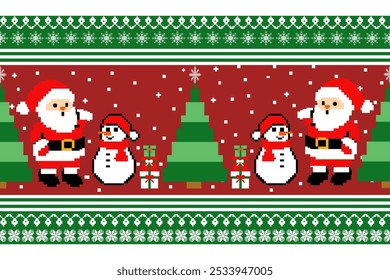 a christmas pixel patterns with a snowman , snowflake and tree in the background