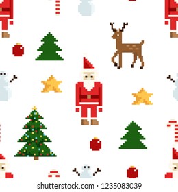 Christmas pixel seamless pattern. Arcade games New year and Xmas decoration elements.