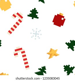 Christmas pixel seamless pattern. Arcade games New year and Xmas decoration elements. Trees snowman candles santa, gifts and wteath. 80s 90s style