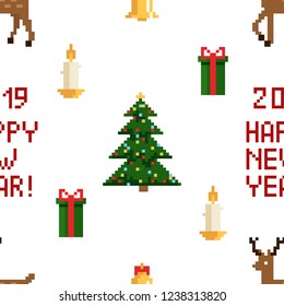 Christmas pixel seamless pattern. Arcade games New year and Xmas decoration elements.