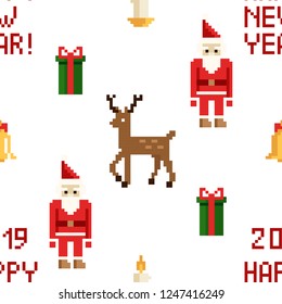 Christmas pixel seamless pattern. Arcade games New year and Xmas decoration elements. Trees snowman candles santa, gifts and wteath. 80s 90s style