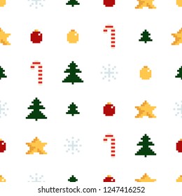 Christmas pixel seamless pattern. Arcade games New year and Xmas decoration elements. Trees snowman candles santa, gifts and wteath. 80s 90s style