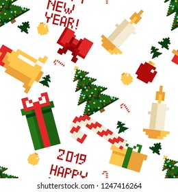 Christmas pixel seamless pattern. Arcade games New year and Xmas decoration elements. Trees snowman santa, gifts and wteath. 80s 90s style