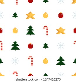Christmas pixel seamless pattern. Arcade games New year and Xmas decoration elements. Trees snowman candles santa, gifts and wteath. 80s 90s style