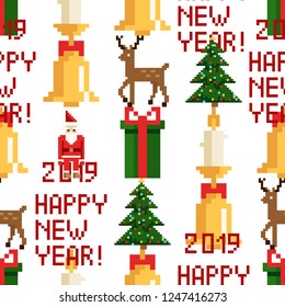 Christmas pixel seamless pattern. Arcade games New year and Xmas decoration elements. Trees snowman candles santa, gifts and wteath. 80s 90s style