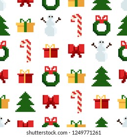 Christmas pixel seamless pattern. Arcade games New year and Xmas decoration elements. Trees snowman candles santa, gifts and wteath.