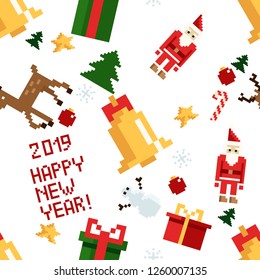 Christmas pixel seamless pattern. Arcade games New year and Xmas decoration elements. Trees snowman candles santa, gifts and wteath. 80s 90s style
