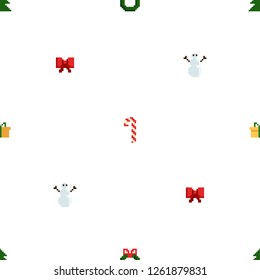 Christmas pixel seamless pattern. Arcade games New year and Xmas decoration elements.