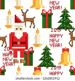 Christmas pixel seamless pattern. Arcade games New year and Xmas decoration elements. Trees snowman candles santa, gifts and wteath. 80s 90s style
