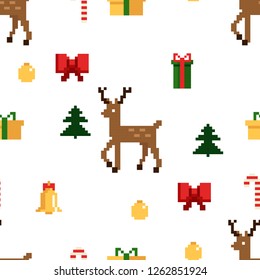 Christmas pixel seamless pattern. Arcade games New year and Xmas decoration elements. Trees snowman candles santa, gifts and wteath. 80s 90s style