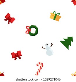 Christmas pixel seamless pattern. Arcade games New year and Xmas decoration elements. Trees snowman candles santa, gifts and wteath. 80s 90s style
